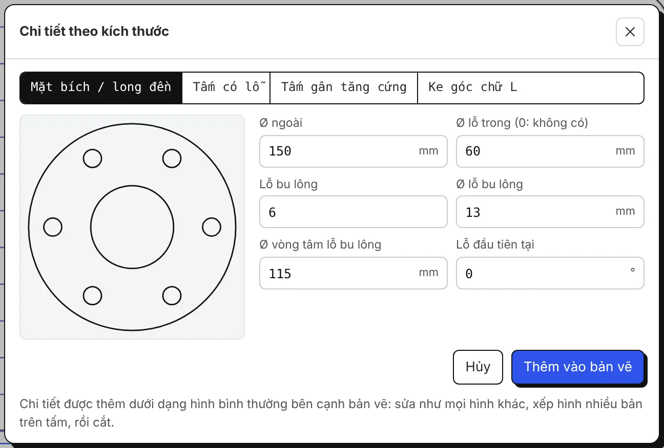 Chi tiết theo kích thước: một mặt bích với các kích thước và hình xem trước trực tiếp.