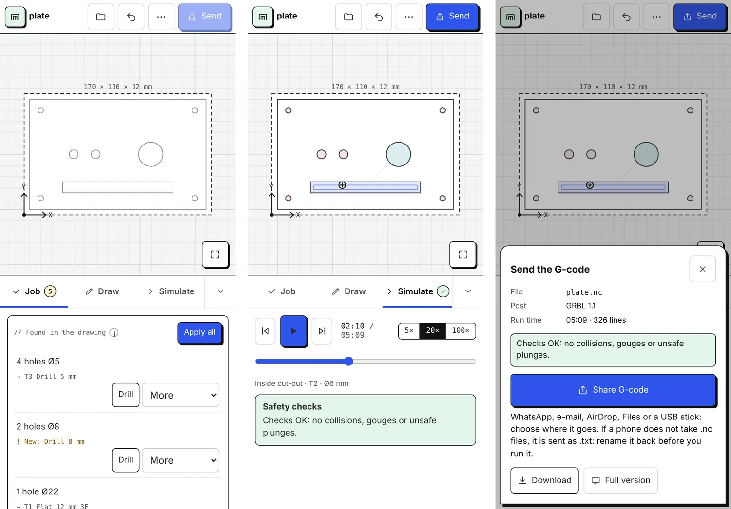 Workshop mode on a phone: Found in the drawing, the simulation with its checks, and the Send window.