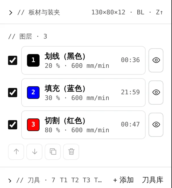 图层：划线、填充、切割，各自带功率、进给速度和运行时间。